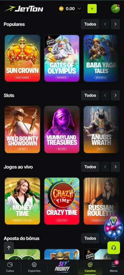 Lobby da Jetton com fileiras Populares (Sun Crown, Gates of Olympus, Baba Yaga Tales), Slots (Wild Bounty Showdown, Mummyland Treasures, Anubis Wrath) e Jogos ao vivo (Money Time, Crazy Time, Russian Roulette)
